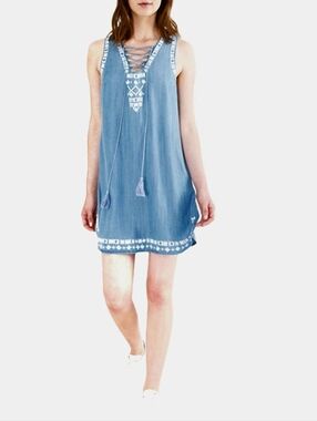 C & V Denim Embroidered tunic Dress Large Summer Boho
